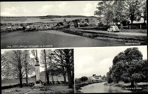 Ak Brüggen Gronau an der Leine, Gesamtansicht, Ehrenmal, Leinepartie