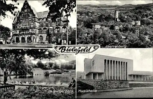 Ak Bielefeld in Nordrhein Westfalen, Rathaus, Sparrenburg, Musikhalle, Bürgerpark