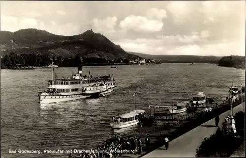 Ak Bad Godesberg Bonn am Rhein, Rheinufer mit Drachenfels und Wolkenburg
