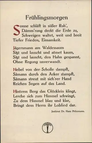 Ak Gedicht Frühlingsmorgen, Justizrat Dr. Hans Prüssmann, Taksné