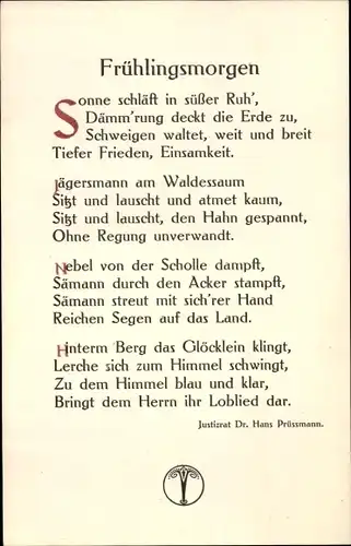 Ak Gedicht Frühlingsmorgen, Justizrat Dr. Hans Prüssmann, Taksné