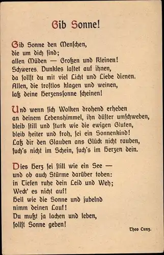 Ak Gedicht von Theo Cunz, Gib Sonne!