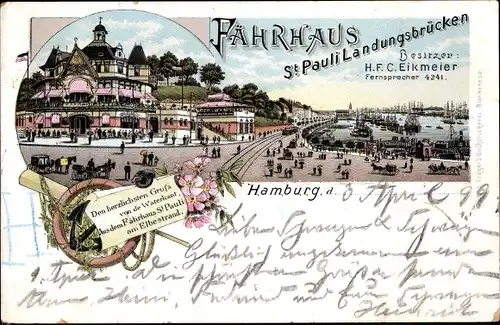 Litho Hamburg St. Pauli, Fährhaus, Landungsbrücken