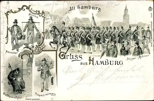 Litho Hamburg Mitte Altstadt, Bürger Militär, Hummel, Aalweber, Nachtwächter, Piepenreimers