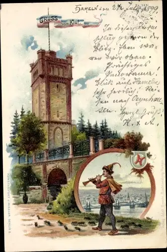 Litho Hameln in Niedersachsen, Blick auf den Klütturm, Rattenfänger