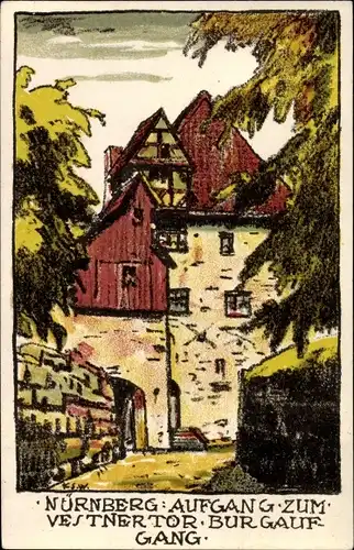 Künstler Litho Schmidt Wolfratshausen, Nürnberg in Mittelfranken Bayern, Aufgang zum Vestnertor