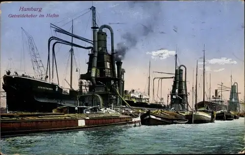 Ak Hamburg, Hafen, Getreideheber mit Frachtschiffen