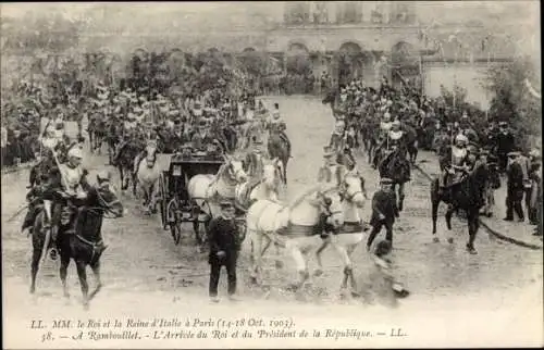 Ak Rambouillet Yvelines, MM le Roi et la Reine d'Italie a Paris 1903, Arrivee du Roi et du President