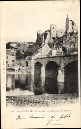 Ak Angles sur l'Anglin Vienne, Le pont, Les ruines du Chateau