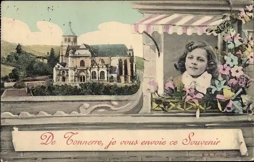 Ak Tonnerre Yonne, Schloss, Mädchen-Portrait, Blumen, Souvenir