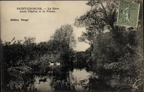 Ak Saint Georges Yonne, La Mare entre l'Eglise et la Ferme