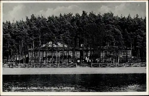 Ak Trzcianka Schönlanke an der Ostbahn Posen, Strandhalle am Zaskersee