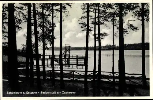 Ak Trzcianka Schönlanke an der Ostbahn Posen, Badeanstalt am Zaskersee