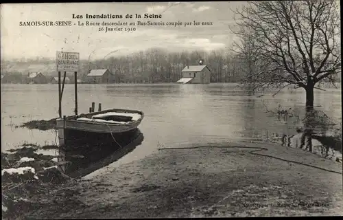 Ak Samois sur Seine Seine et Marne, Inondations, La Route descendant au Bas Samois, Janvier 1910