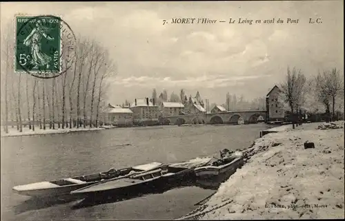Ak Moret Seine et Marne, L'Hiver, Le Loing en aval du Pont