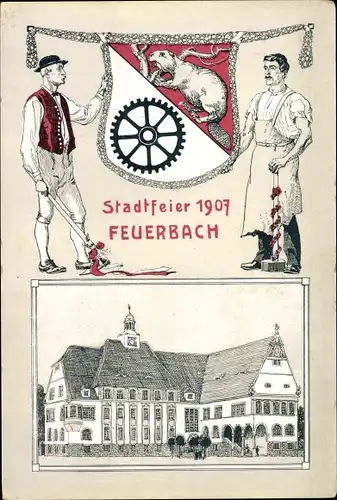 Wappen Ak Feuerbach Stuttgart in Baden Württemberg, Stadtfeier 1907, Rathaus, Biber