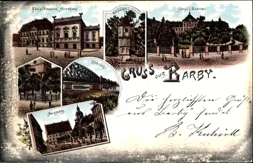 Litho Barby an der Elbe, Königl. Domaine, Herrnhaus, Königl. Seminar, Elbbrücke, Marktplatz