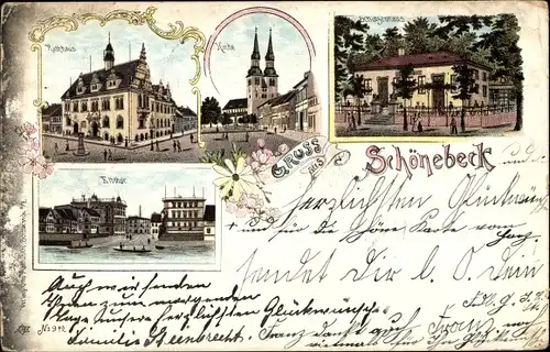 Litho Schönebeck an der Elbe, Schützenhaus, Kirche, Rathaus, Elbpartie