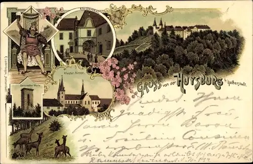 Litho Huy am Harz, Huysburg, Klosterhof, Klosterkirche, Rehe, Sargstedter Warte