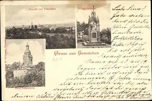 Ak Ermsleben Falkenstein Harz, Kriegerdenkmal, Burg Falkenstein, Totalansicht