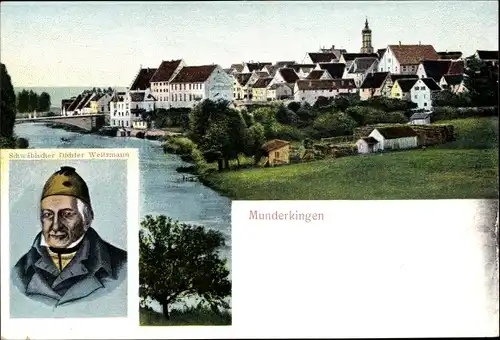 Ak Munderkingen an der Donau, Schwäbischer Dichter Weitzmann, Blick auf den Ort