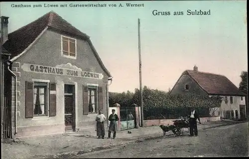 Ak Soultz les Bains Sulzbad Elsass Bas Rhin, Gasthaus zum Löwen, Hundekarren