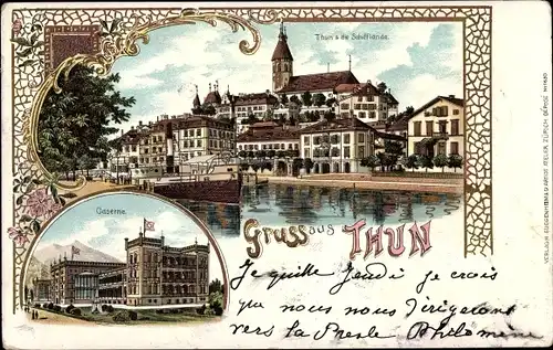 Litho Thun Kanton Bern Schweiz, Blick auf den Ort, Schifflände, Kaserne