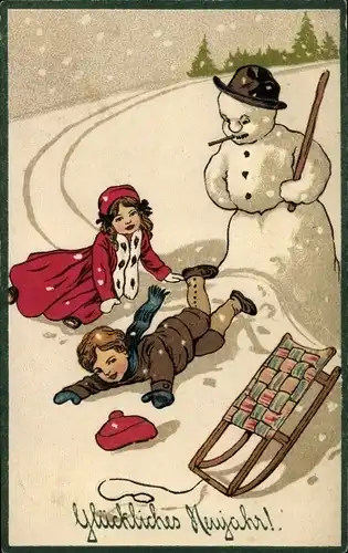 Präge Litho Glückwunsch Neujahr, Schneemann, Kinder, Schlitten