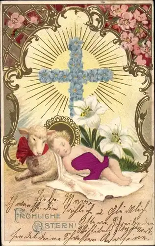 Stoff Litho Glückwunsch Ostern, Kreuz, Lilien, Lamm, schlafendes Kind