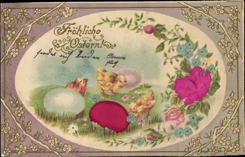 Präge Stoff Litho Glückwunsch Ostern, Küken, Blüten, Ostereier