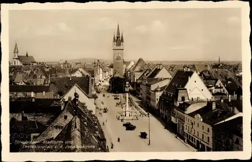 Ak Straubing an der Donau Niederbayern, Stadtturm und Theresienplatz von der Jesuitenkirche gesehen