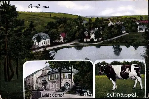 Ak Kuhschnappel Sankt Egidien in Sachsen, Gasthof, Kuh, Blick auf den Ort