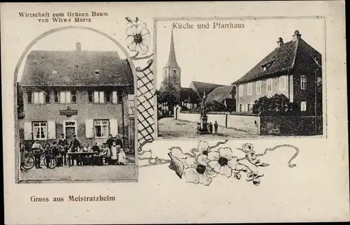 Ak Meistratzheim Elsass Bas Rhin, Kirche, Pfarrhaus, Wirtschaft zum Grünen Baum