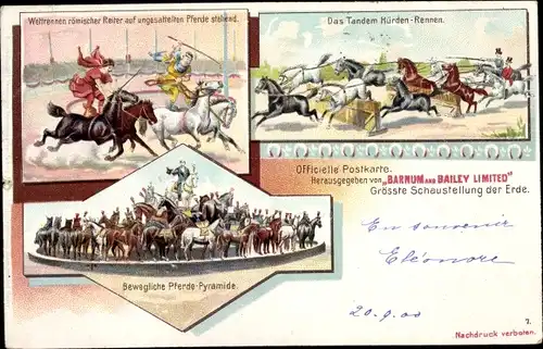 Litho Zirkus Barnum and Bailey Ltd., bewegliche Pferde Pyramide, Tandem Hürdenrennen