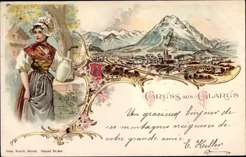 Litho Glarus Kt. Glarus Schweiz, Blick auf den Ort, Frau in Tracht