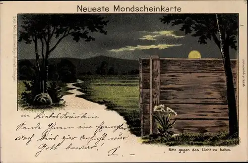 Halt gegen das Licht Mondschein Litho Mann sitzt hinter dem Zaun, Glatze