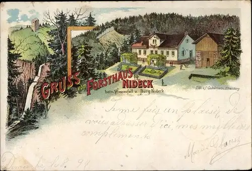 Litho Oberhaslach Bas Rhin, Forsthaus Nideck beim Wasserfall und Burg Nideck