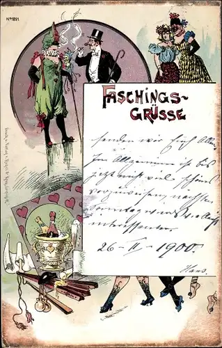 Litho Faschings Grüße, maskierte Personen, Fächer, Sektkühler