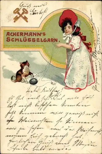 Litho Ackermann's Schlüsselgarn, Mädchen, Katze, Reklame