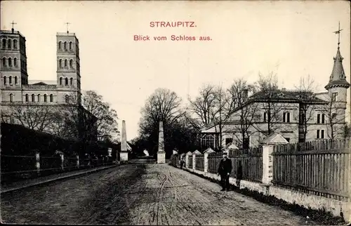 Ak Straupitz im Kreis Dahme Spreewald, Kirche vom Schloss aus