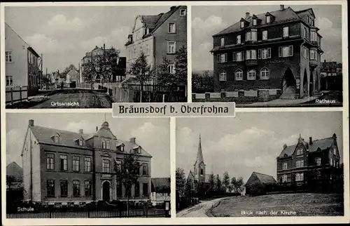 Ak Bräunsdorf Limbach Oberfrohna Sachsen, Rathaus, Kirche, Schule, Teilansicht