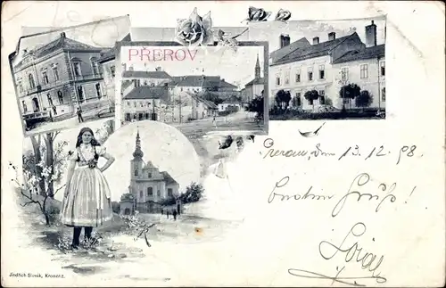 Ak Přerov Prerau Olmützer Region, Teilansichten, Gebäude, Kirche, Frau in Tracht