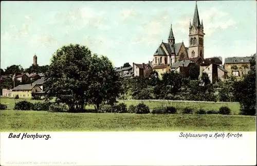 Ak Bad Homburg vor der Höhe Hessen, Schlossturm, Kath. Kirche
