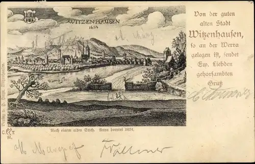 Künstler Ak Witzenhausen an der Werra Hessen, Panorama, 1654, Nach altem Stich