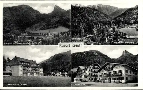 Ak Kreuth am Tegernsee Oberbayern, Blauberg, Hotel Post, Sanatorium Dr. May, Leonhardstein