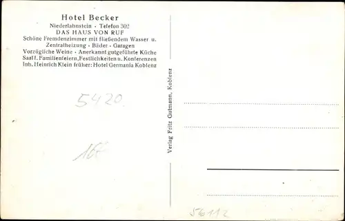 Ak Niederlahnstein Lahnstein am Rhein, Hotel Becker