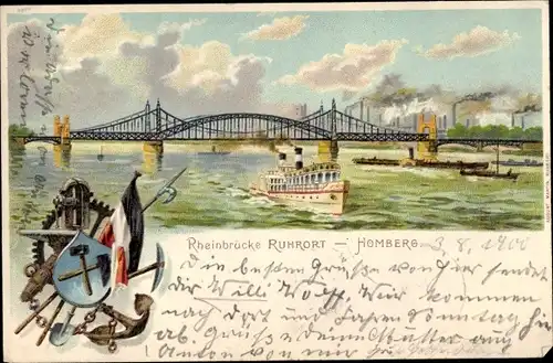 Litho Homberg Ruhrort Duisburg im Ruhrgebiet, Rheinbrücke, Salondampfer