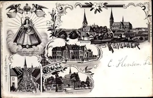 Litho Kevelaer am Niederrhein, Gnadenbild, Kapellenplatz, Marienhospital, Kirche, Prozession