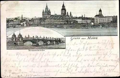 Vorläufer Litho Mainz am Rhein, Straßenbrücke, Blick auf den Ort, 1891