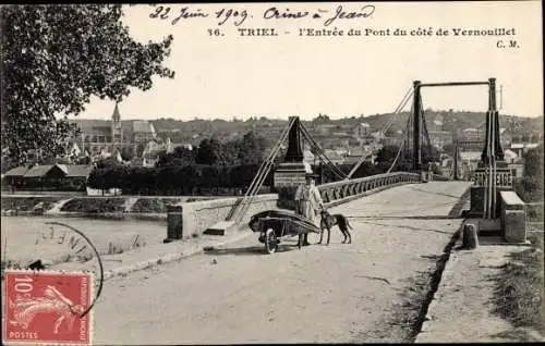 Ak Triel Yvelines, L'entree du Pont du cote de Vernouillet, chien